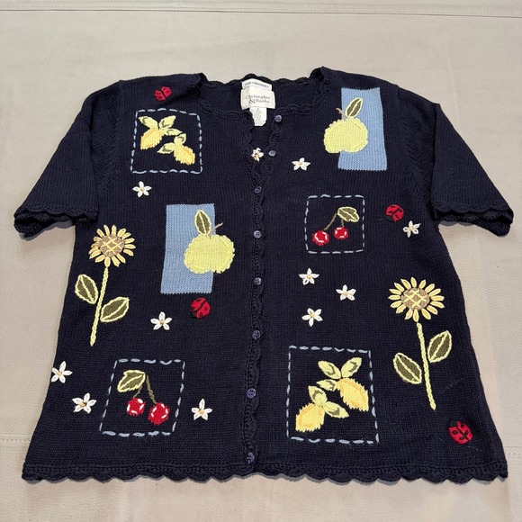 Christopher & Banks Sweaters - Christopher Bank Navy Blue Embroider Floral Short Sleeve Cardigan Sweater-6-4857